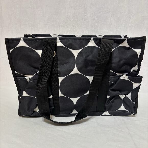 Thirty One Organizing Utility Tote 15 x 10 x 6 Pockets Black White Dots Circles - Picture 2 of 5